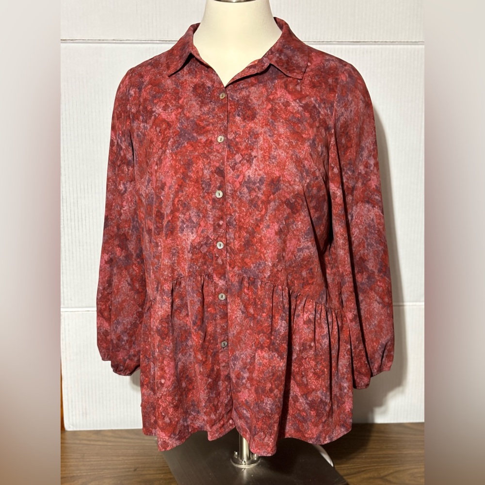 LOGO 1X women’s rust sponge paint print Long sleeve elastic cuff Ruffle hem 32”L